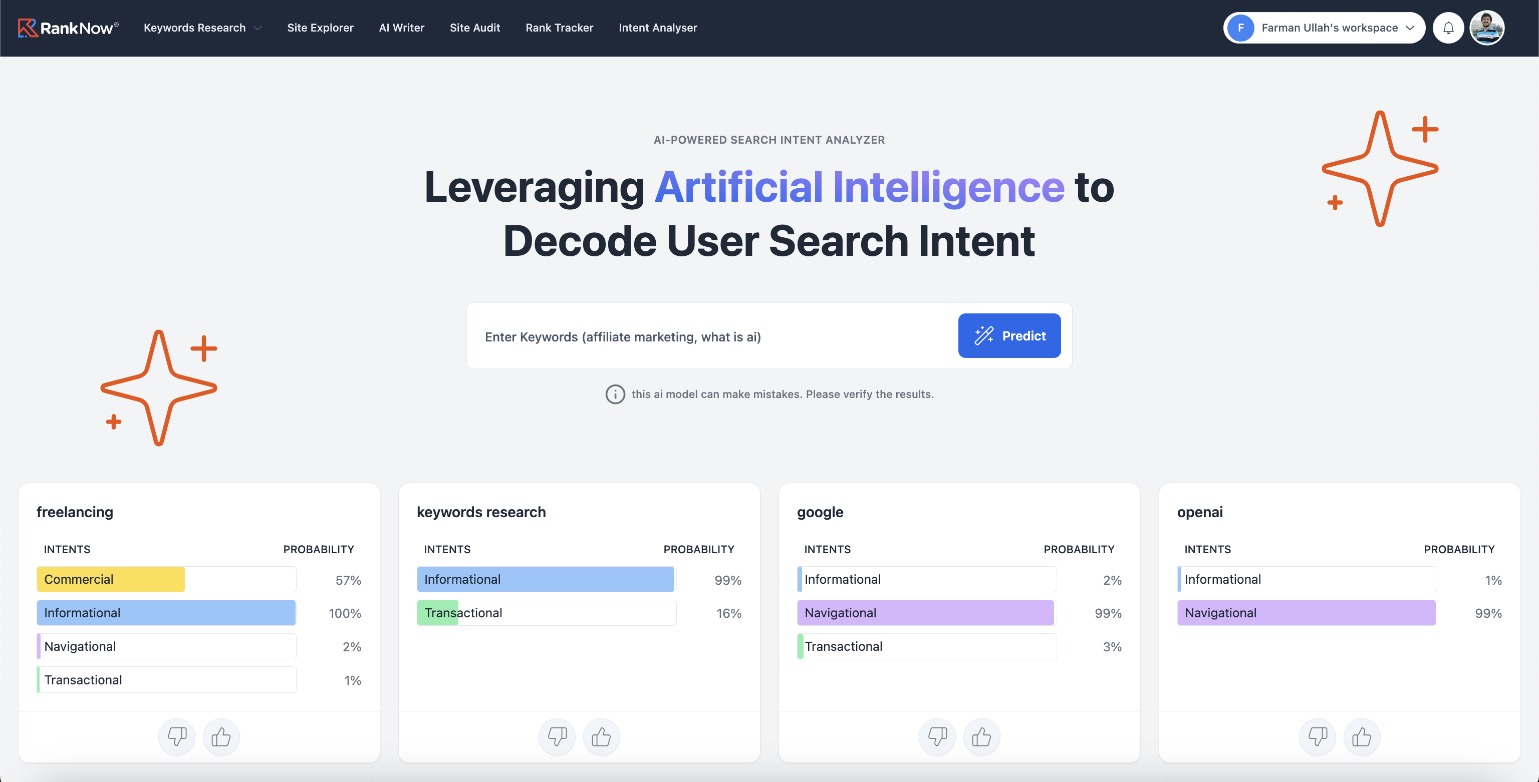 User search intent analyser tool