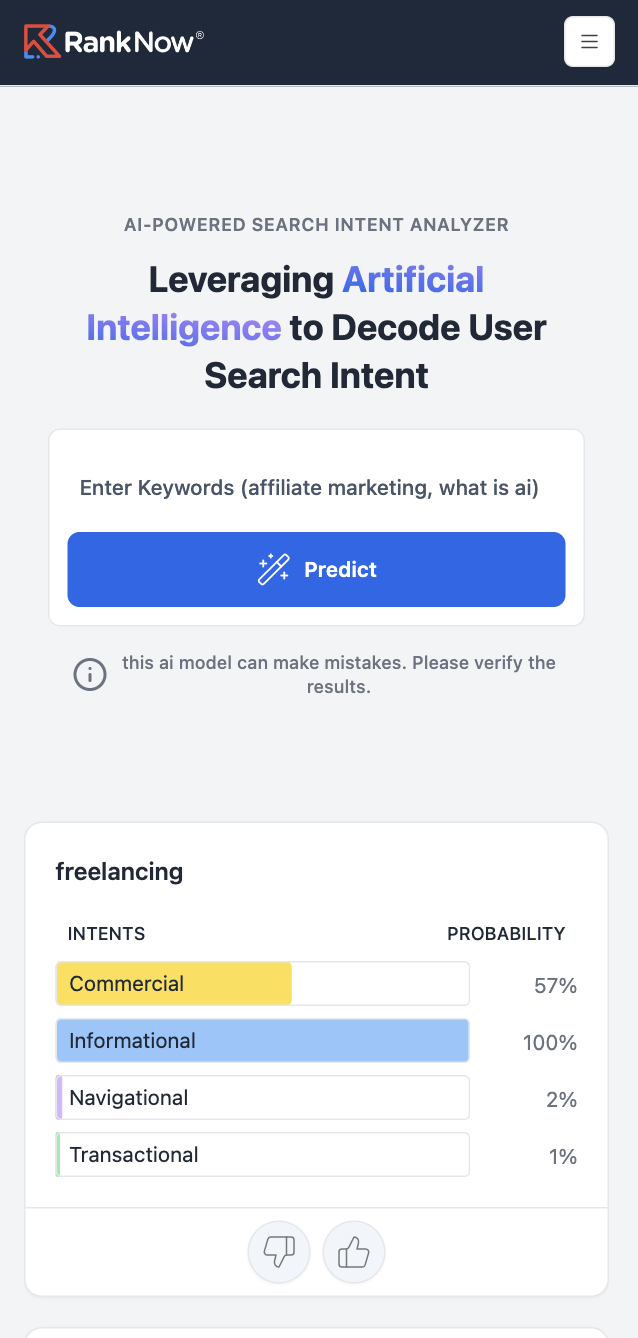 User search intent analyser tool on mobile